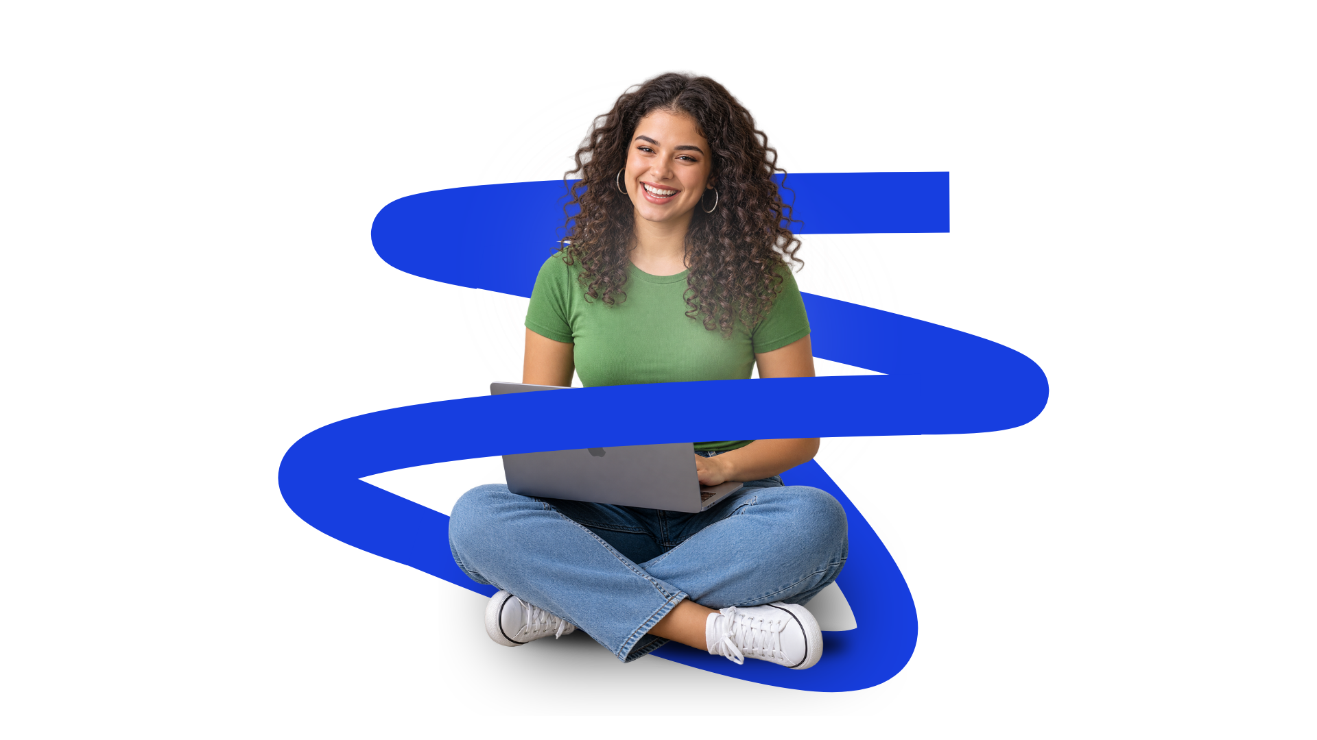 Profissional sorrindo com um notebook no colo e detalhes azuis do PrestaCerto